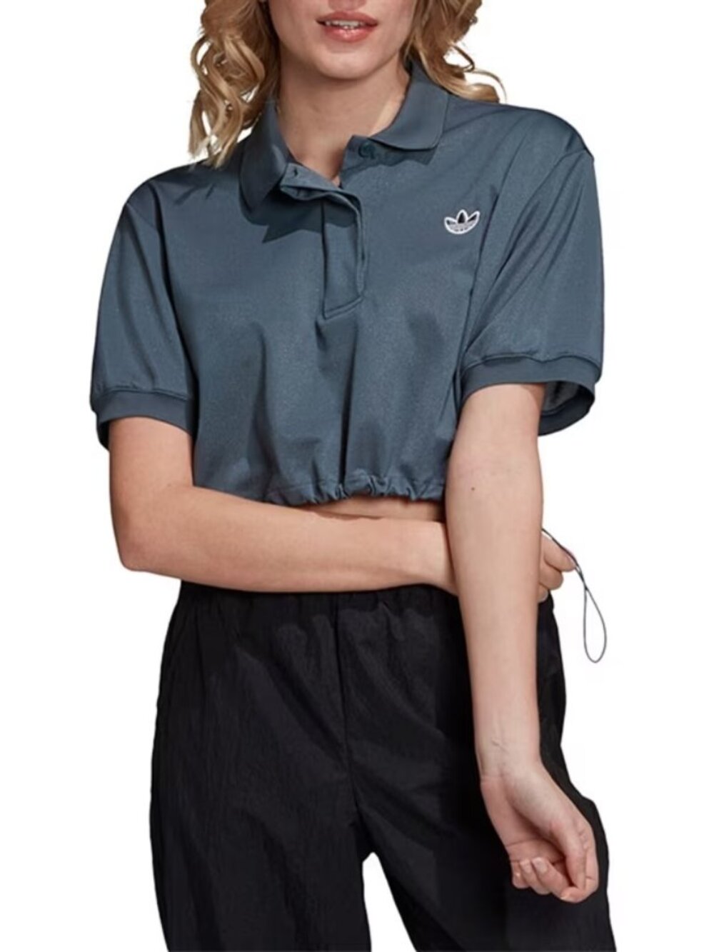 adidas Originals Polo Tee: Mesh Teal Crop, Drawstring